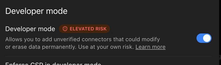 Developer mode switched on in ChatGPT settings