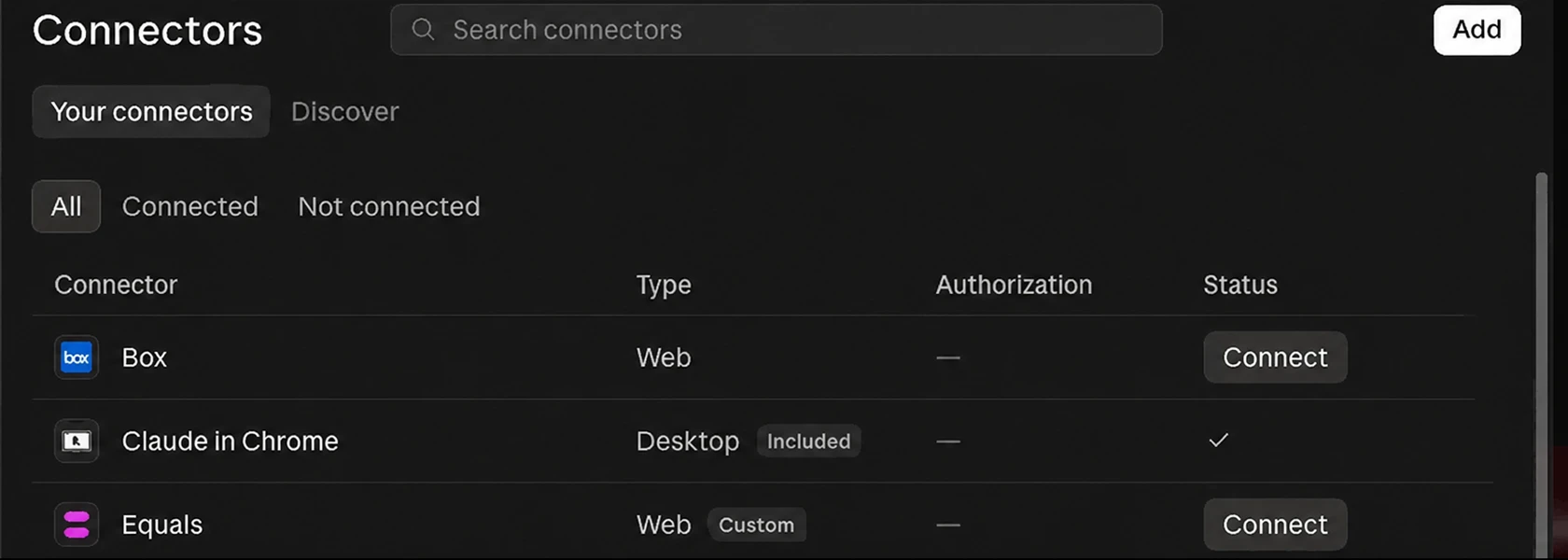 Claude connectors list showing Equals as a custom connector ready to connect