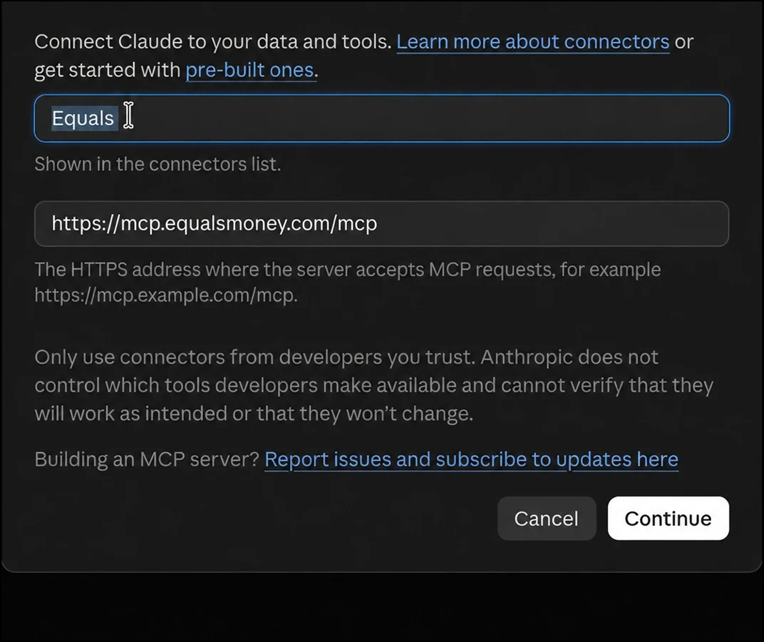 Add custom connector form in Claude with the Equals name and connector address