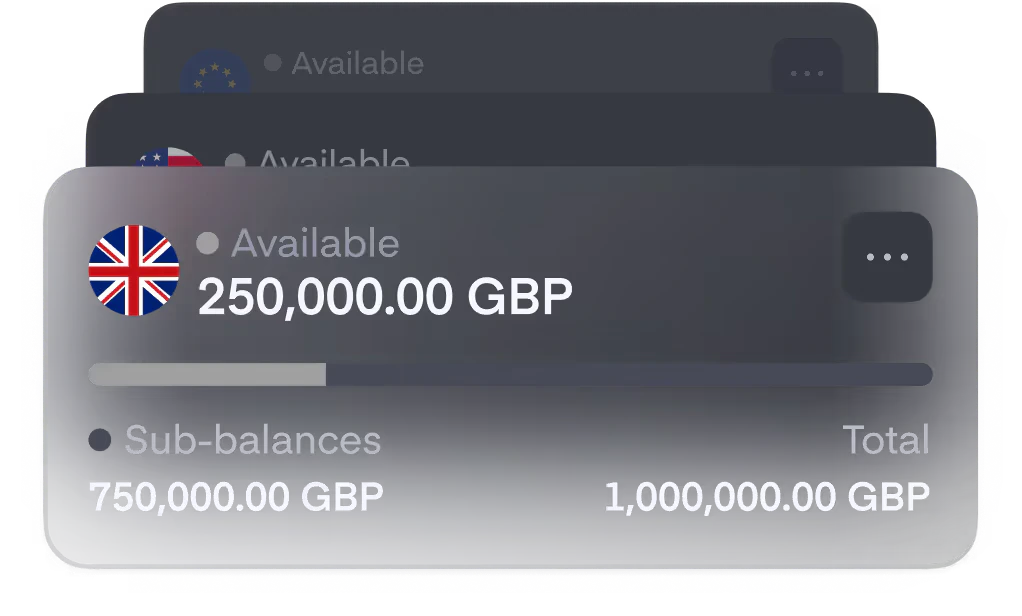 Stacked account cards showing named multi-currency account balances