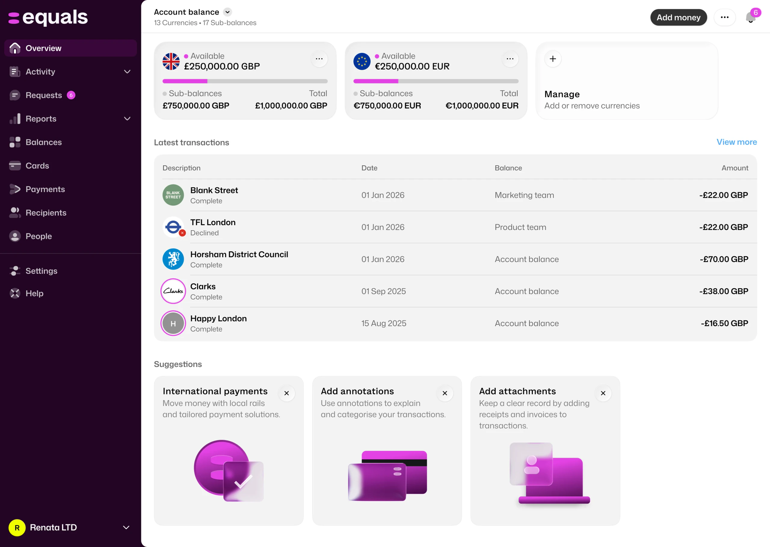 Equals app dashboard showing balances and transactions
