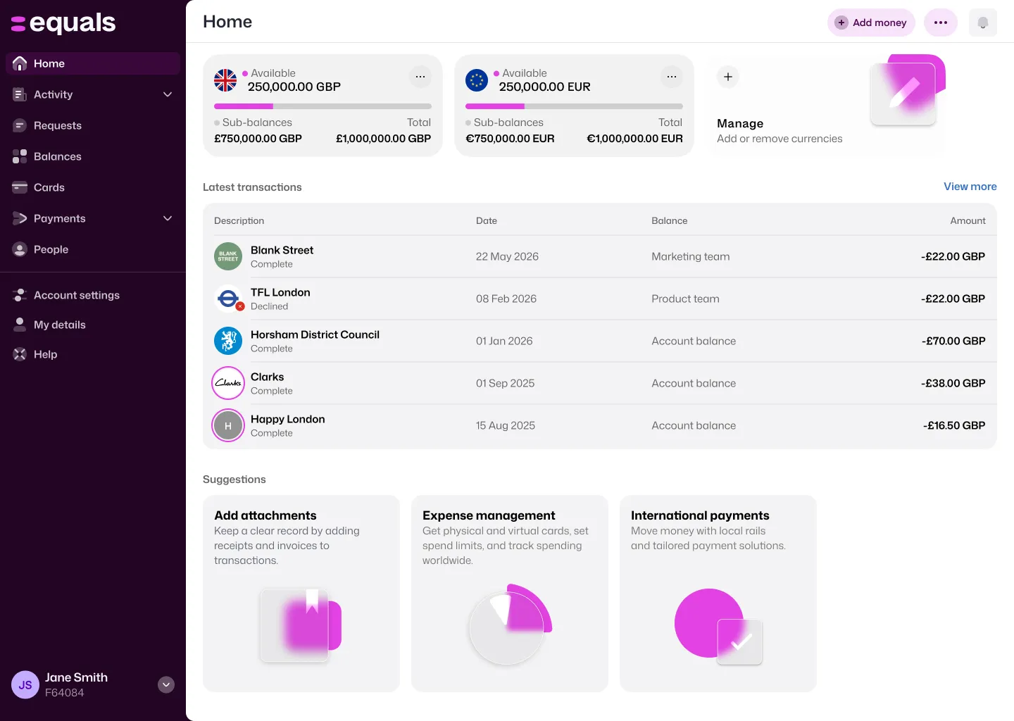 Equals business account dashboard